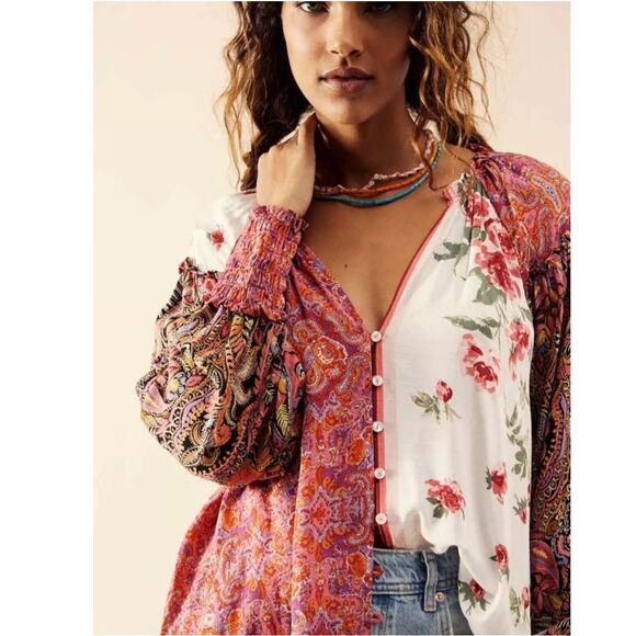 Free People Gemini Blouse Womens XS Multicolor Paisley Floral Peasant Boho Top - Picture 1 of 10